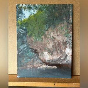 Belize Forest Cave landscape oil painting with Green and Brown Hues